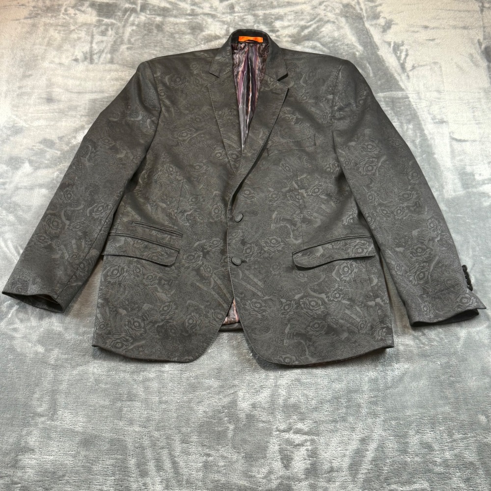 Tallia Mens Blazer Charcoal Grey Floral Jacquard Two Button Sport Coat 44R